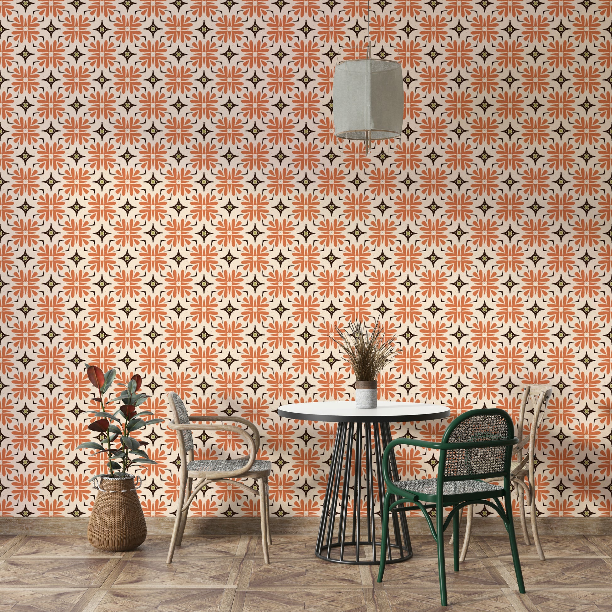 Geometric floral pattern wallpaper in warm orange and brown.

