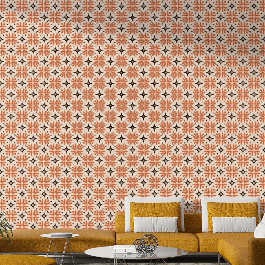 Organic tile orange wallpaper for a chic, bohemian atmosphere.

