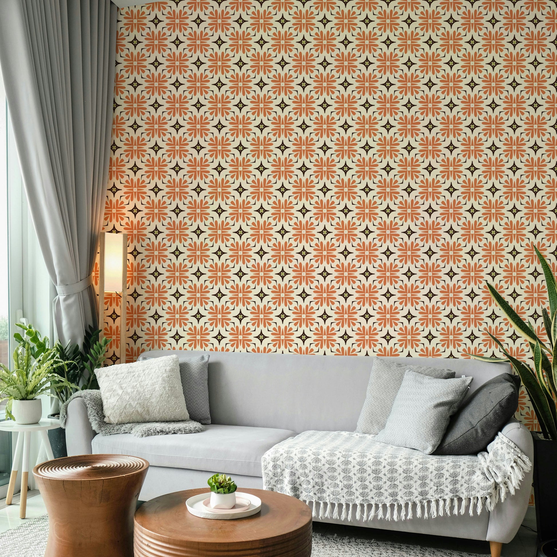 Geometric floral wall mural with organic orange tones.

