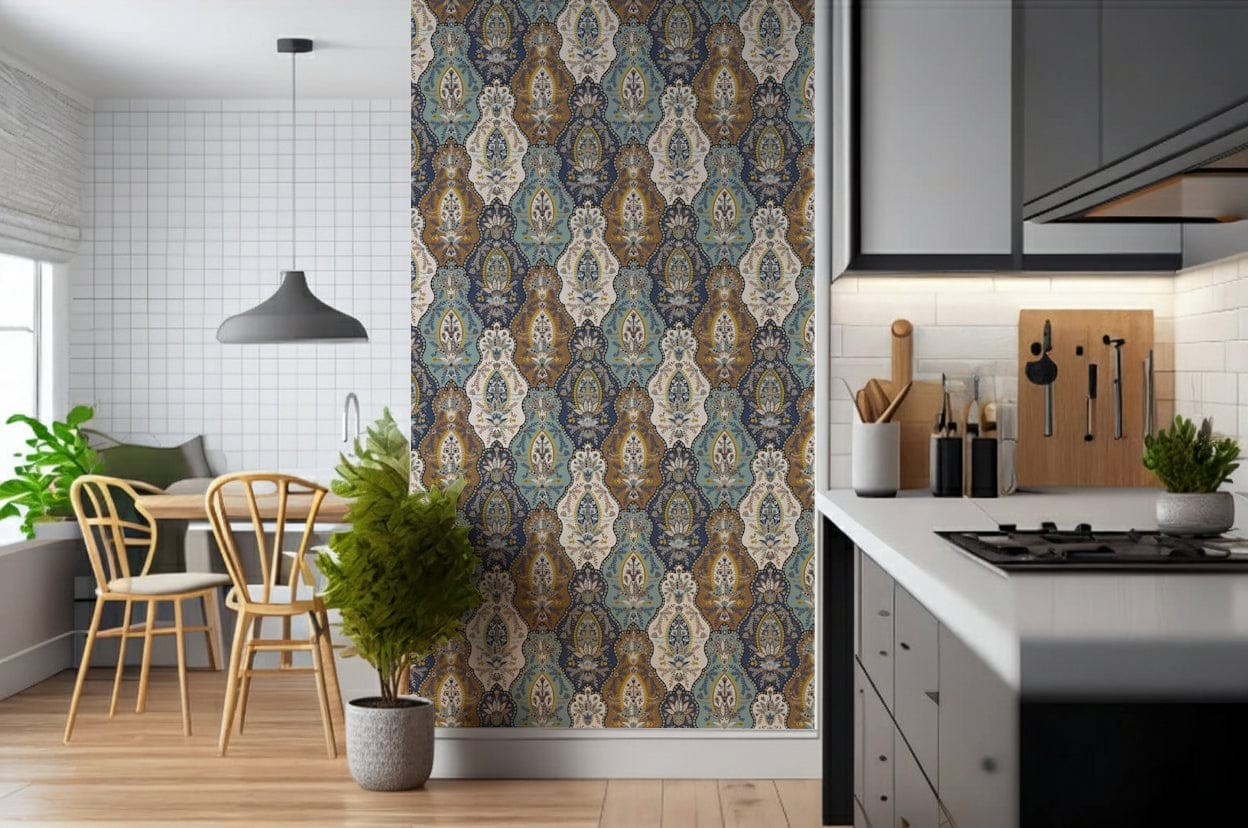 Sophisticated bohemian wallpaper mural showcasing repeated paisley medallions in bold colors.