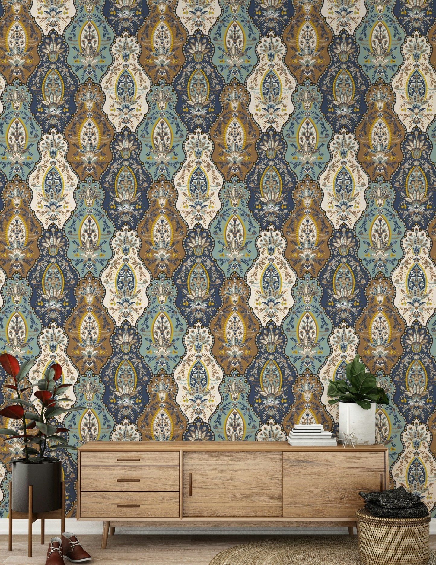 Patterned paisley wallpaper combining blue, mustard, teal, and cream for a boho look.