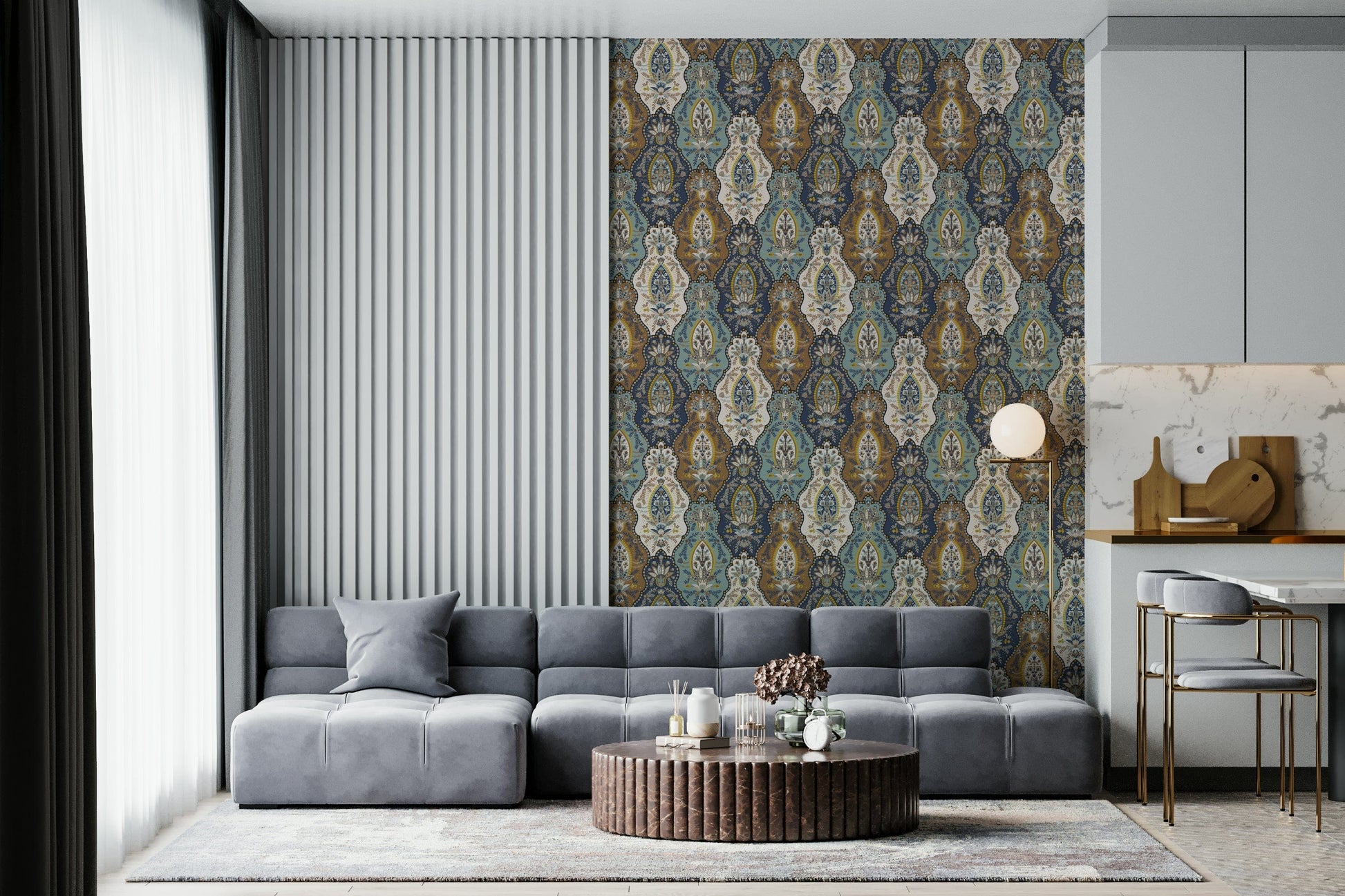 Vintage-inspired paisley wallpaper mural with blue, gold, and beige ornamental designs.