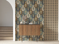 Bohemian paisley wallpaper featuring ornate blue, gold, and cream paisley motifs in a repeating pattern.