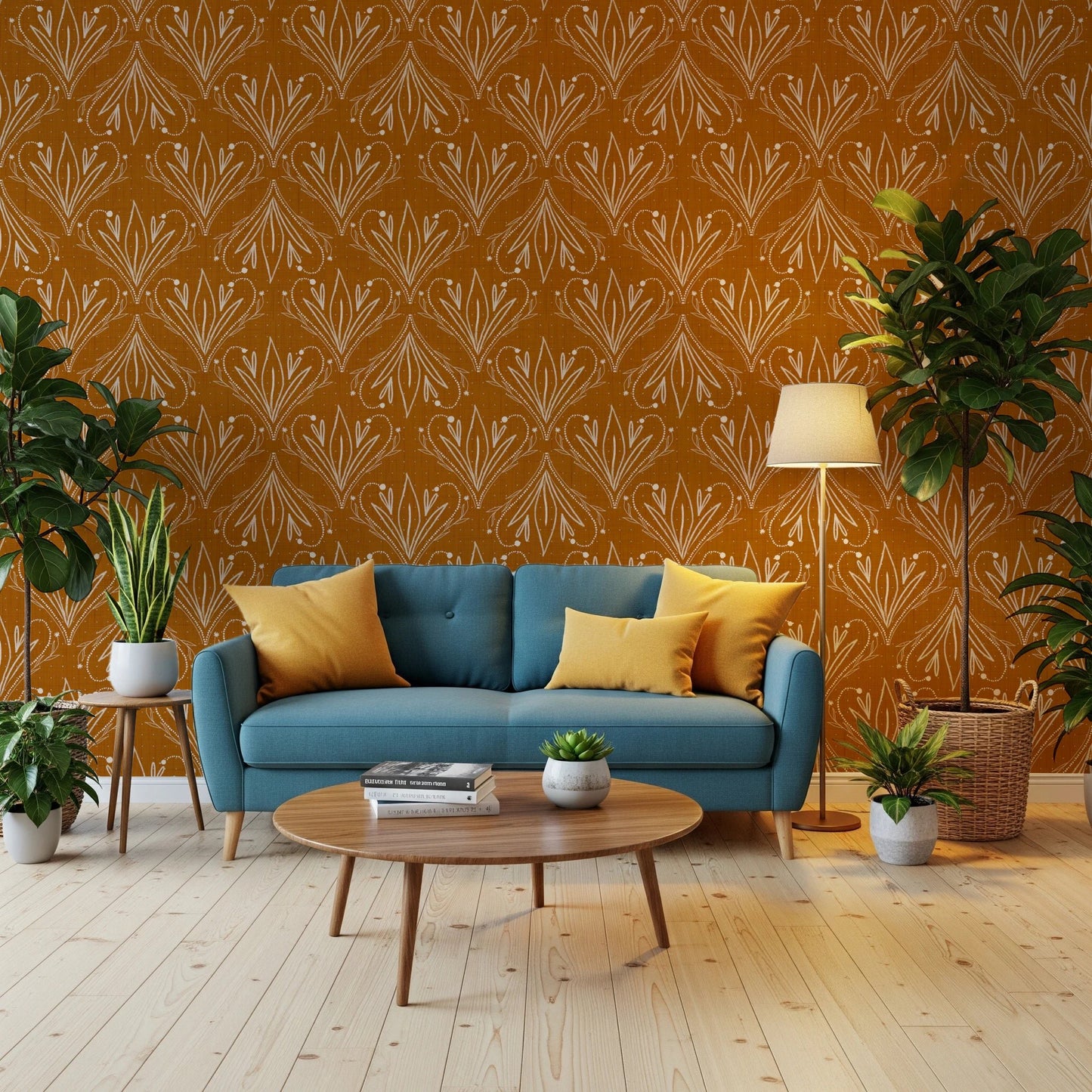 Boho Art Nouveau Folk Floral Mustard Gold wallpaper behind a teal-blue sofa with yellow cushions in a living room