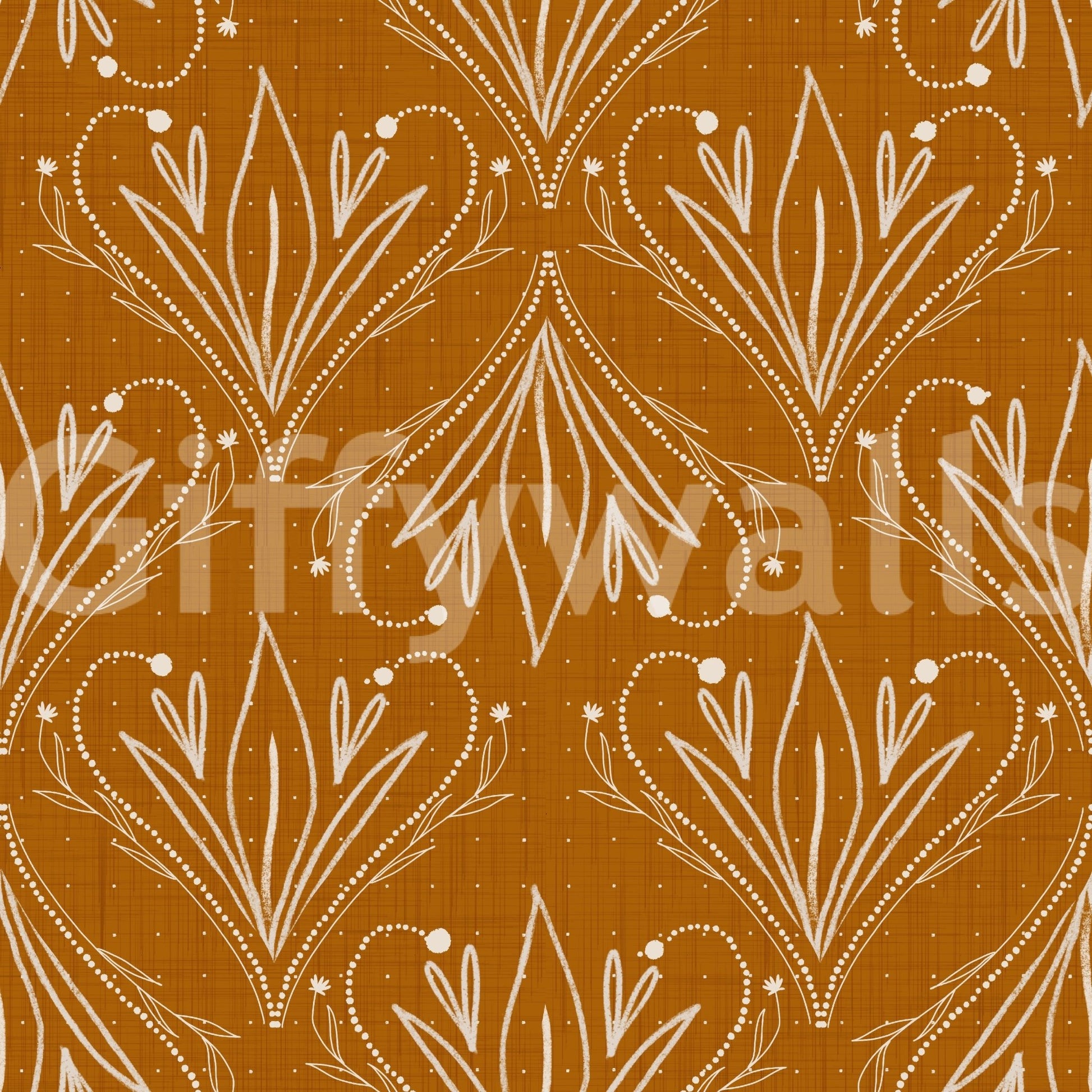 Boho Art Nouveau Folk Floral Mustard Gold wallpaper close-up showing cream hand-drawn folk floral motifs