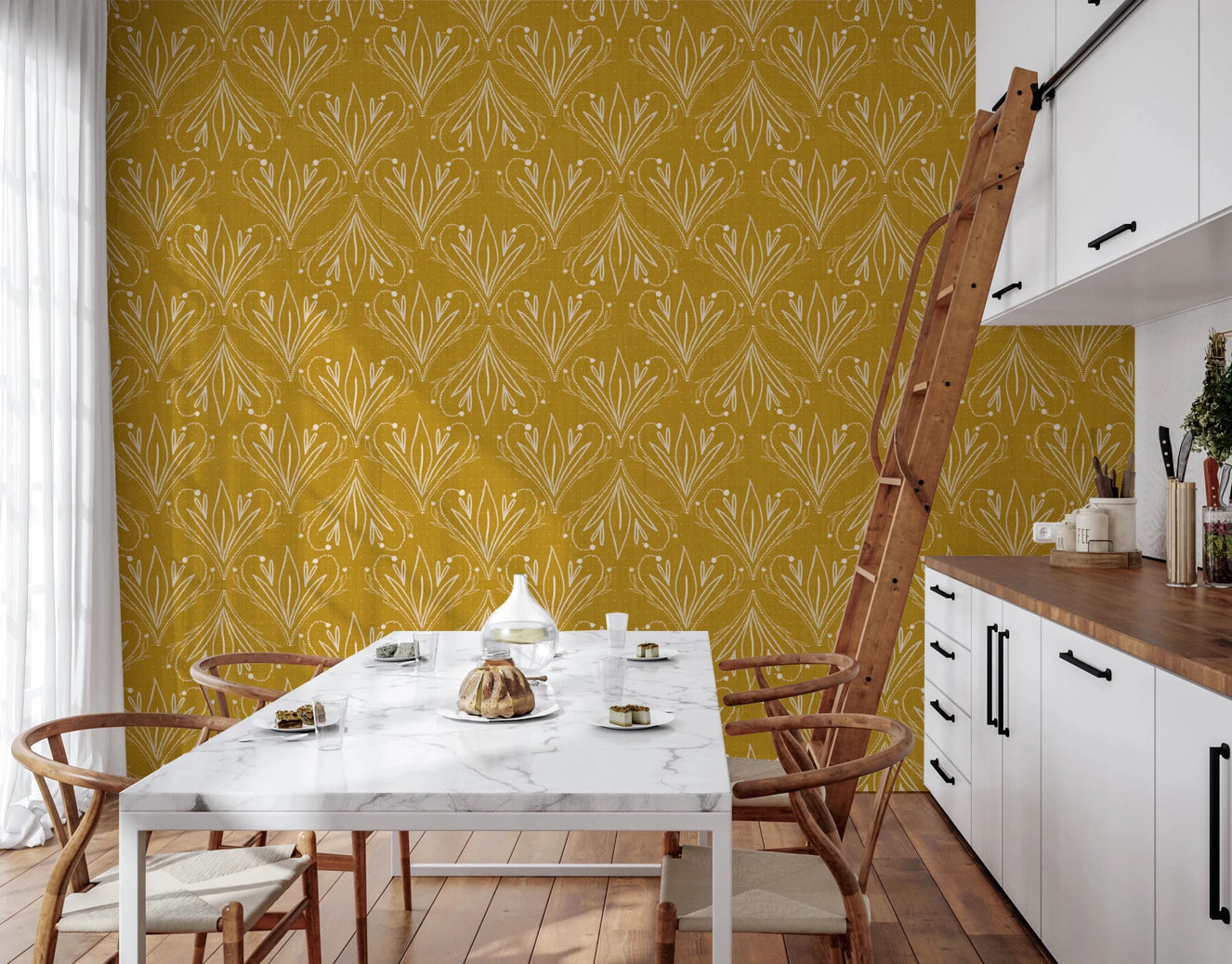 Boho Art Nouveau Folk Floral Mustard Gold Wallpaper – Hand Drawn Wallpaper⁠