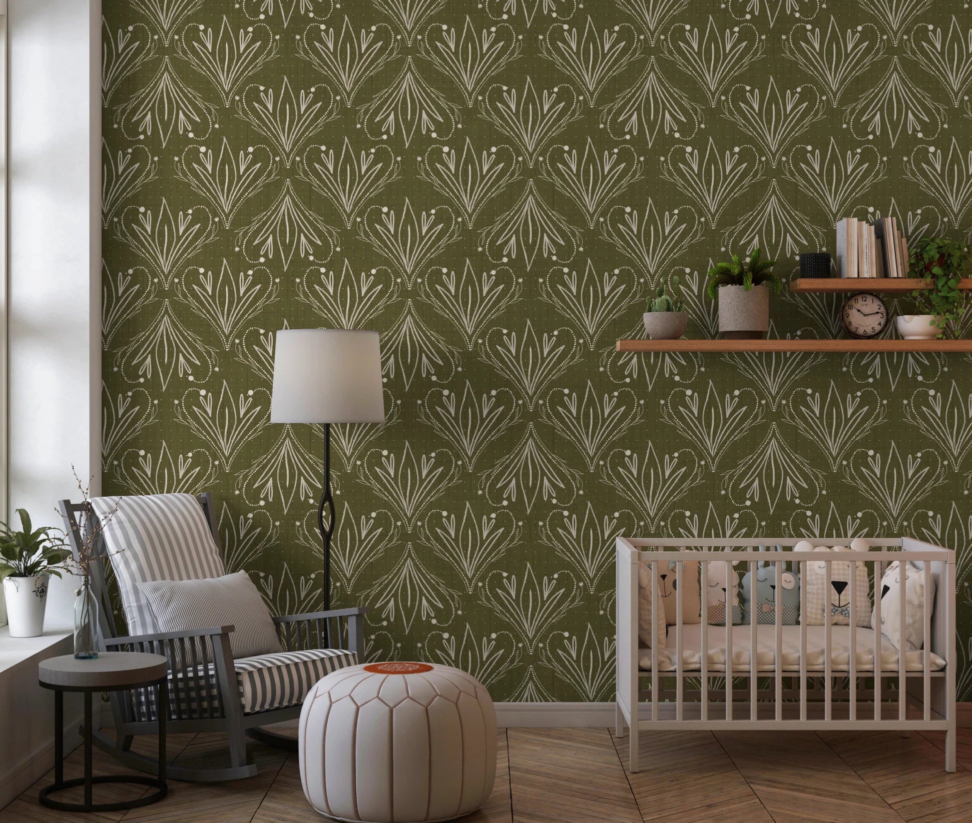 Boho Art Nouveau Folk Floral Olive Green wallpaper behind a white crib and striped rocking chair in a nursery