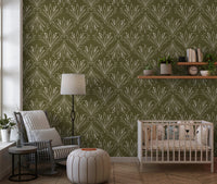 Boho Art Nouveau Folk Floral Olive Green wallpaper behind a white crib and striped rocking chair in a nursery