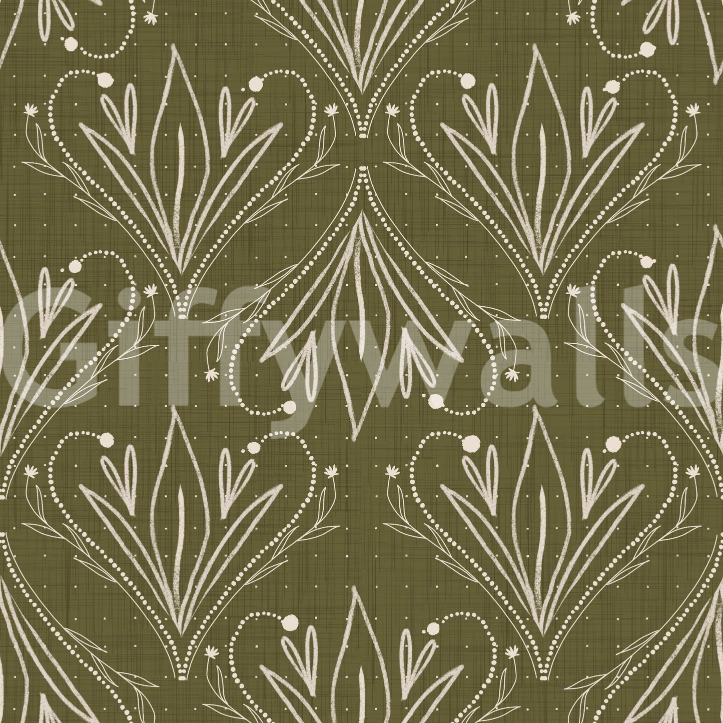 Boho Art Nouveau Folk Floral Olive Green wallpaper close-up showing cream hand-drawn folk floral motifs