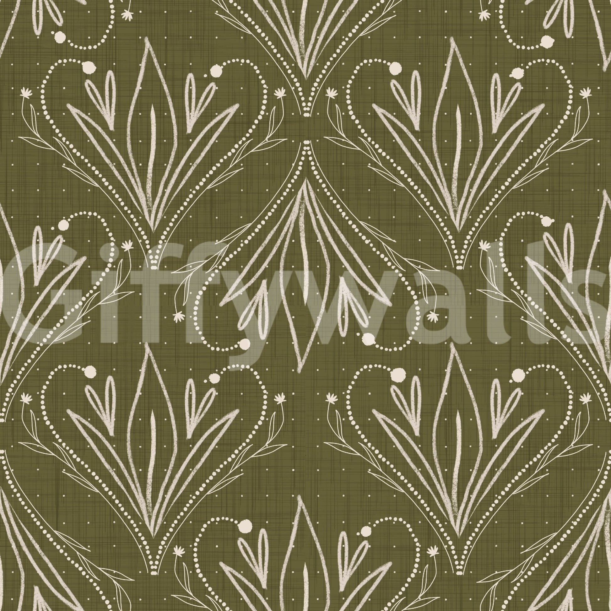 Boho Art Nouveau Folk Floral Olive Green wallpaper close-up showing cream hand-drawn folk floral motifs
