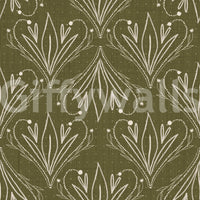 Boho Art Nouveau Folk Floral Olive Green wallpaper close-up showing cream hand-drawn folk floral motifs