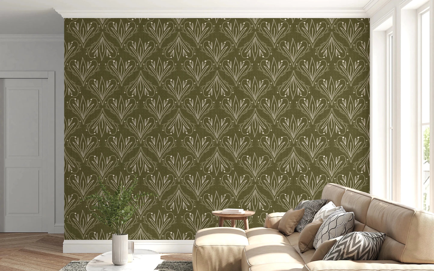 Boho Art Nouveau Folk Floral Olive Green wallpaper behind a tan sectional sofa with grey cushions in a living room