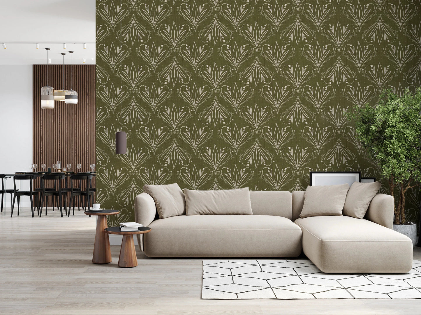 Boho Art Nouveau Folk Floral Olive Green wallpaper behind a beige sectional beside a dining area