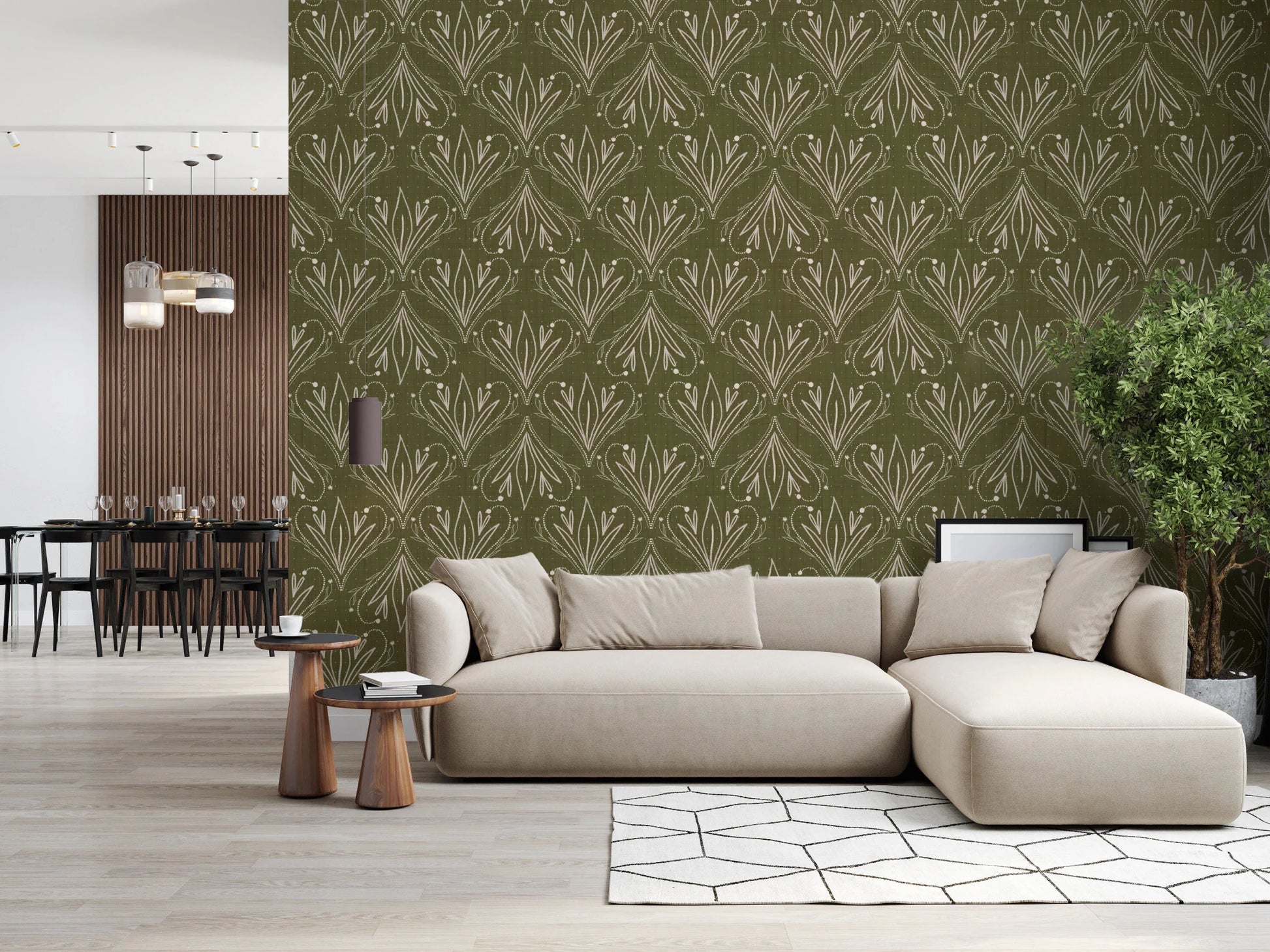 Boho Art Nouveau Folk Floral Olive Green wallpaper behind a beige sectional beside a dining area