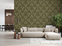 Boho Art Nouveau Folk Floral Olive Green wallpaper behind a beige sectional beside a dining area