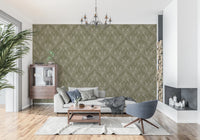 Boho Art Nouveau Folk Floral Olive Green wallpaper behind a grey sofa and chandelier in a living room
