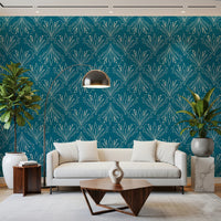 Boho Art Nouveau Folk Floral Teal Blue wallpaper behind a cream sofa and wood coffee table in a living room