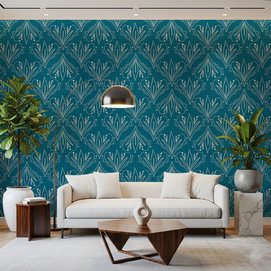 Boho Art Nouveau Folk Floral Teal Blue wallpaper behind a cream sofa and wood coffee table in a living room