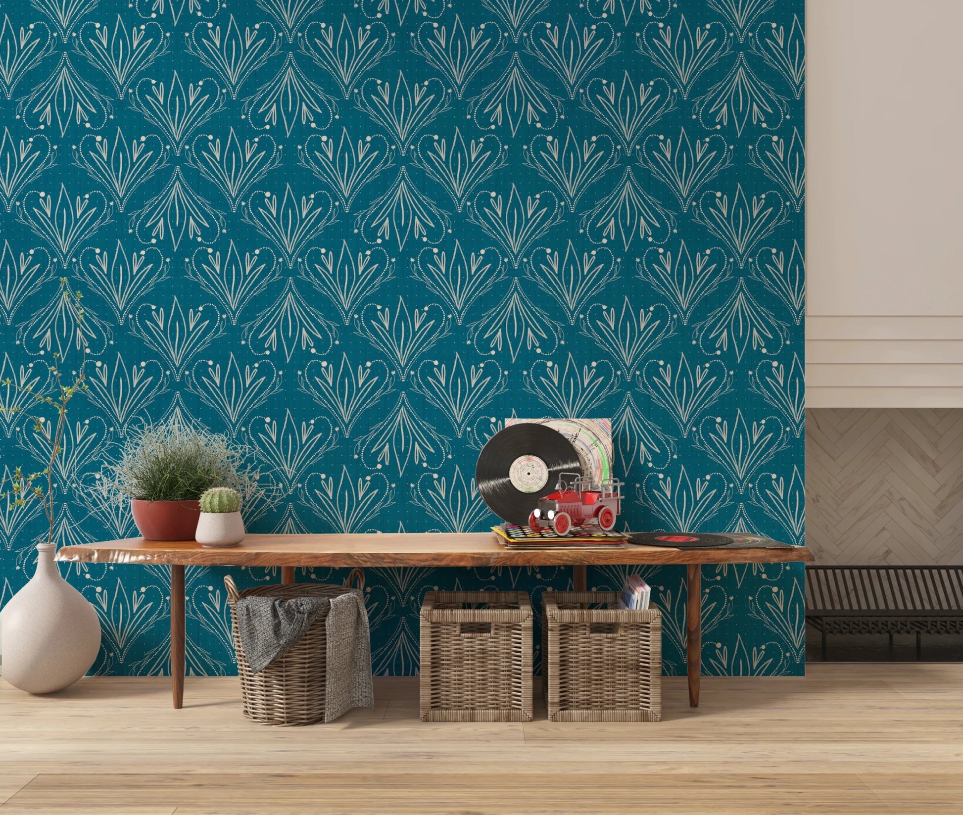 Boho Art Nouveau Folk Floral Teal Blue wallpaper behind a long wood console bench and woven baskets in a hallway