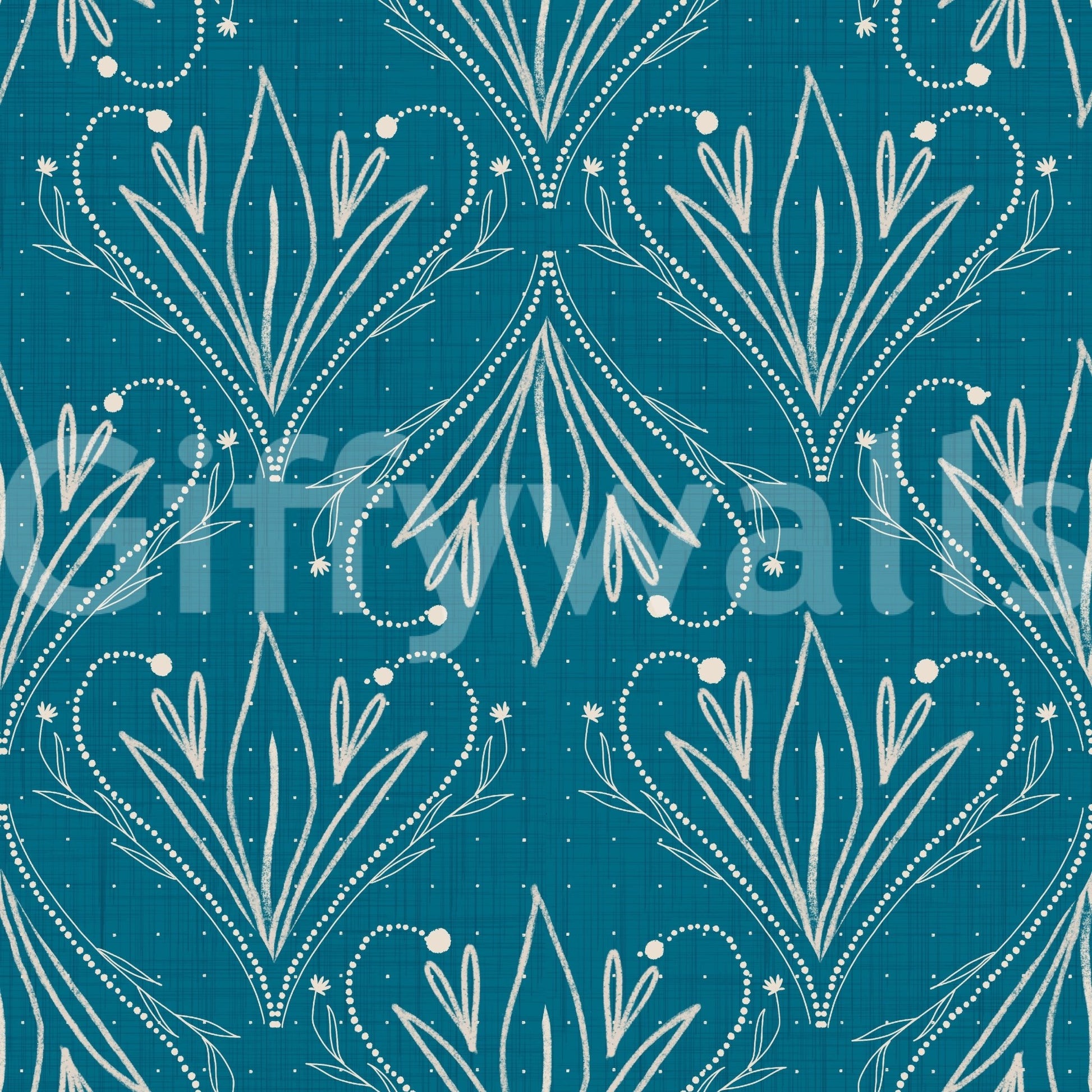 Boho Art Nouveau Folk Floral Teal Blue wallpaper close-up showing cream hand-drawn folk floral motifs