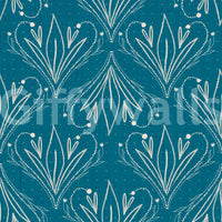 Boho Art Nouveau Folk Floral Teal Blue wallpaper close-up showing cream hand-drawn folk floral motifs