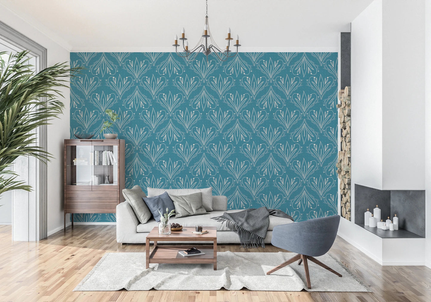 Boho Art Nouveau Folk Floral Teal Blue wallpaper behind a beige sofa and wood cabinet in a living room
