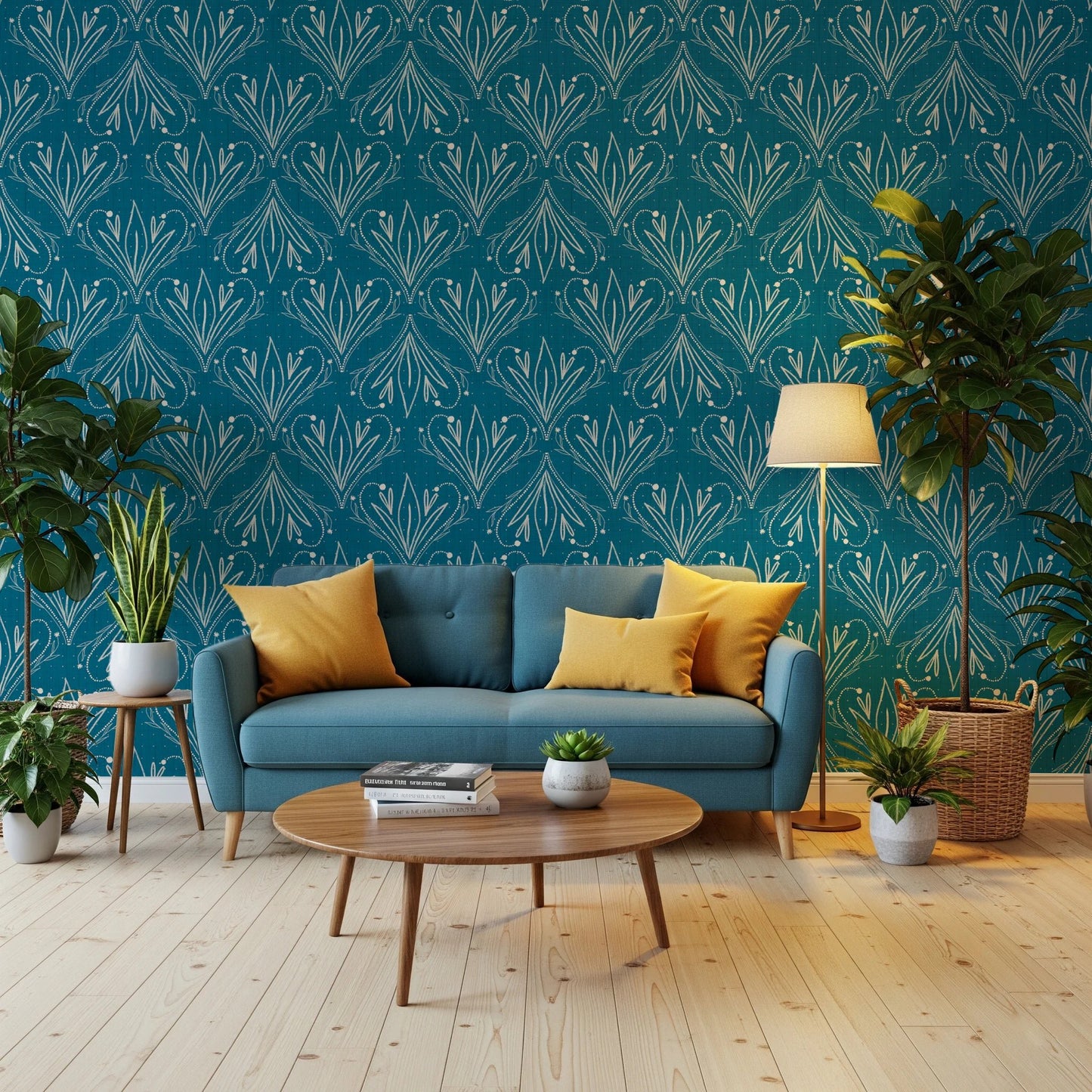 Boho Art Nouveau Folk Floral Teal Blue wallpaper behind a teal sofa with yellow cushions in a living room