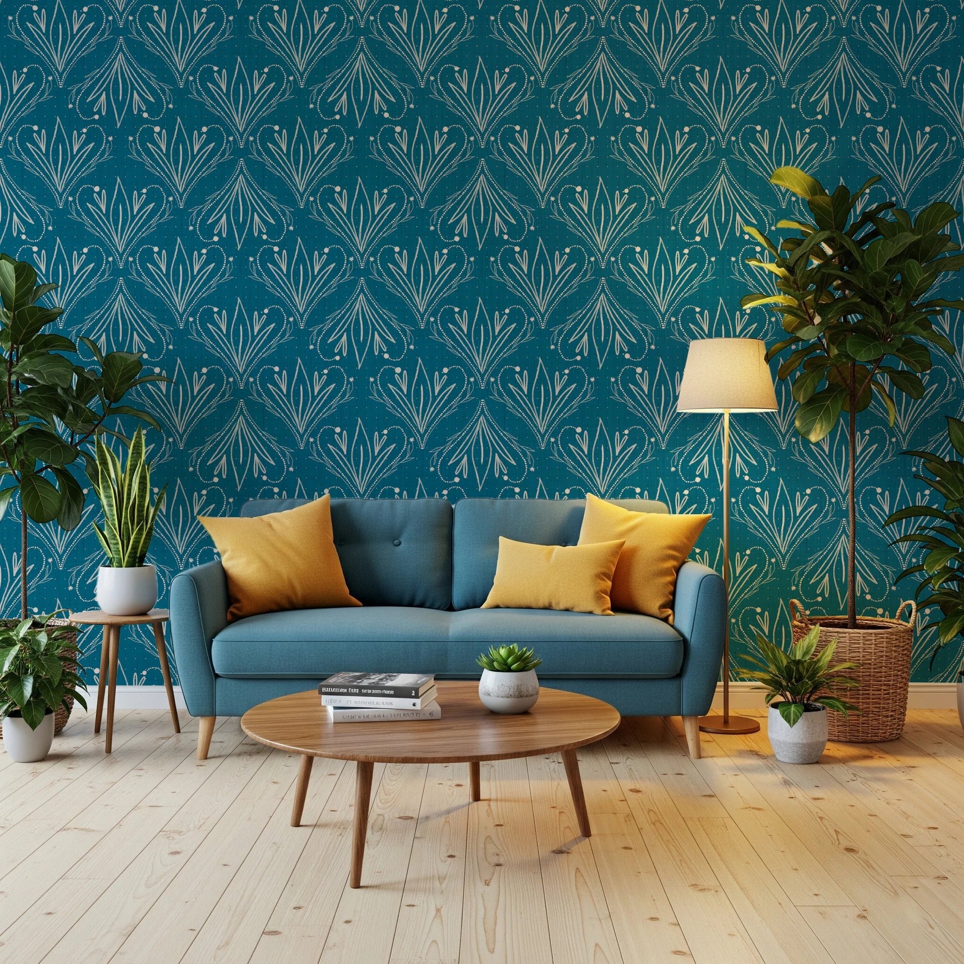 Boho Art Nouveau Folk Floral Teal Blue wallpaper behind a teal sofa with yellow cushions in a living room