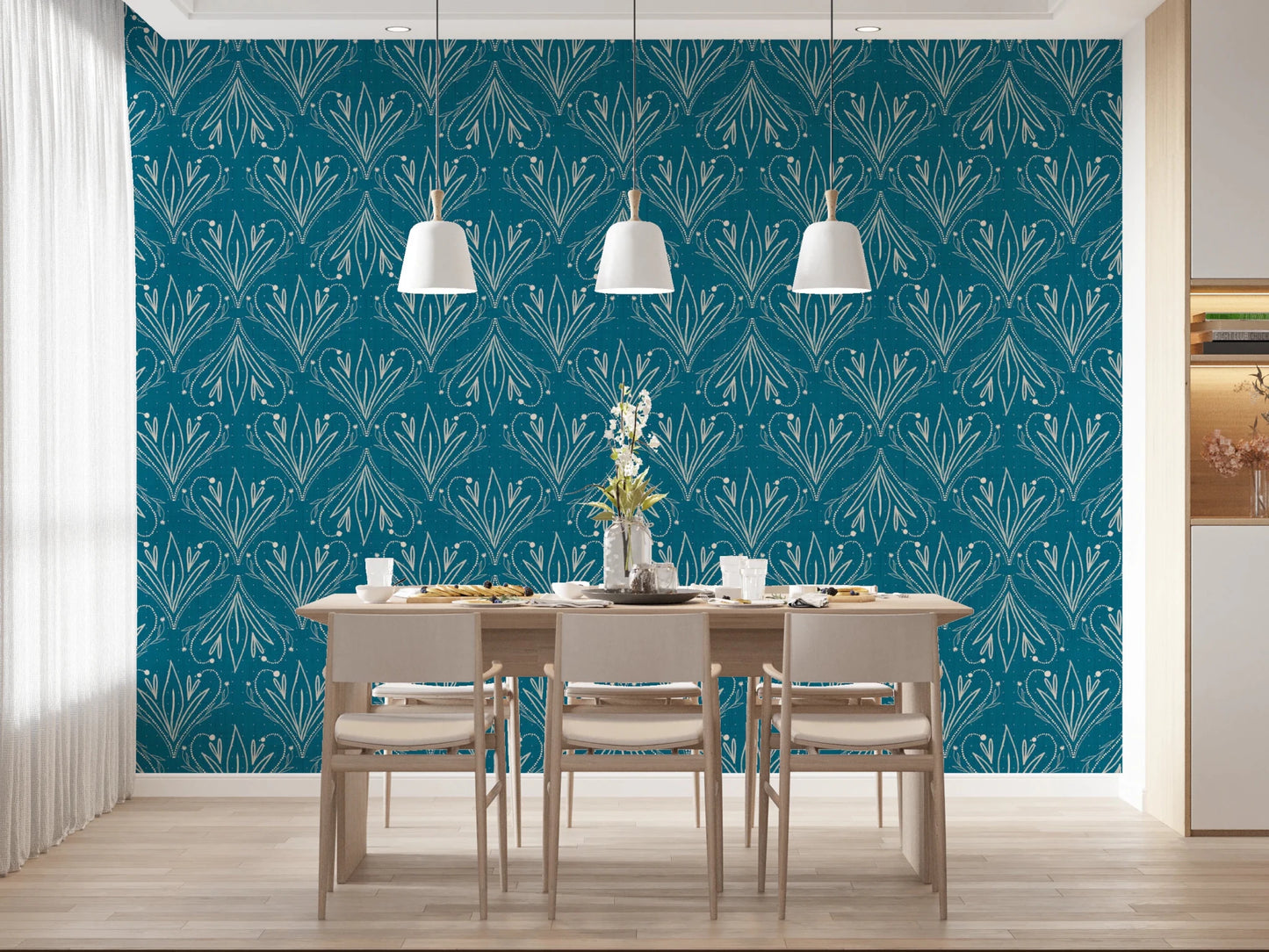 Boho Art Nouveau Folk Floral Teal Blue wallpaper behind a light wood dining table and pendant lights in a dining room
