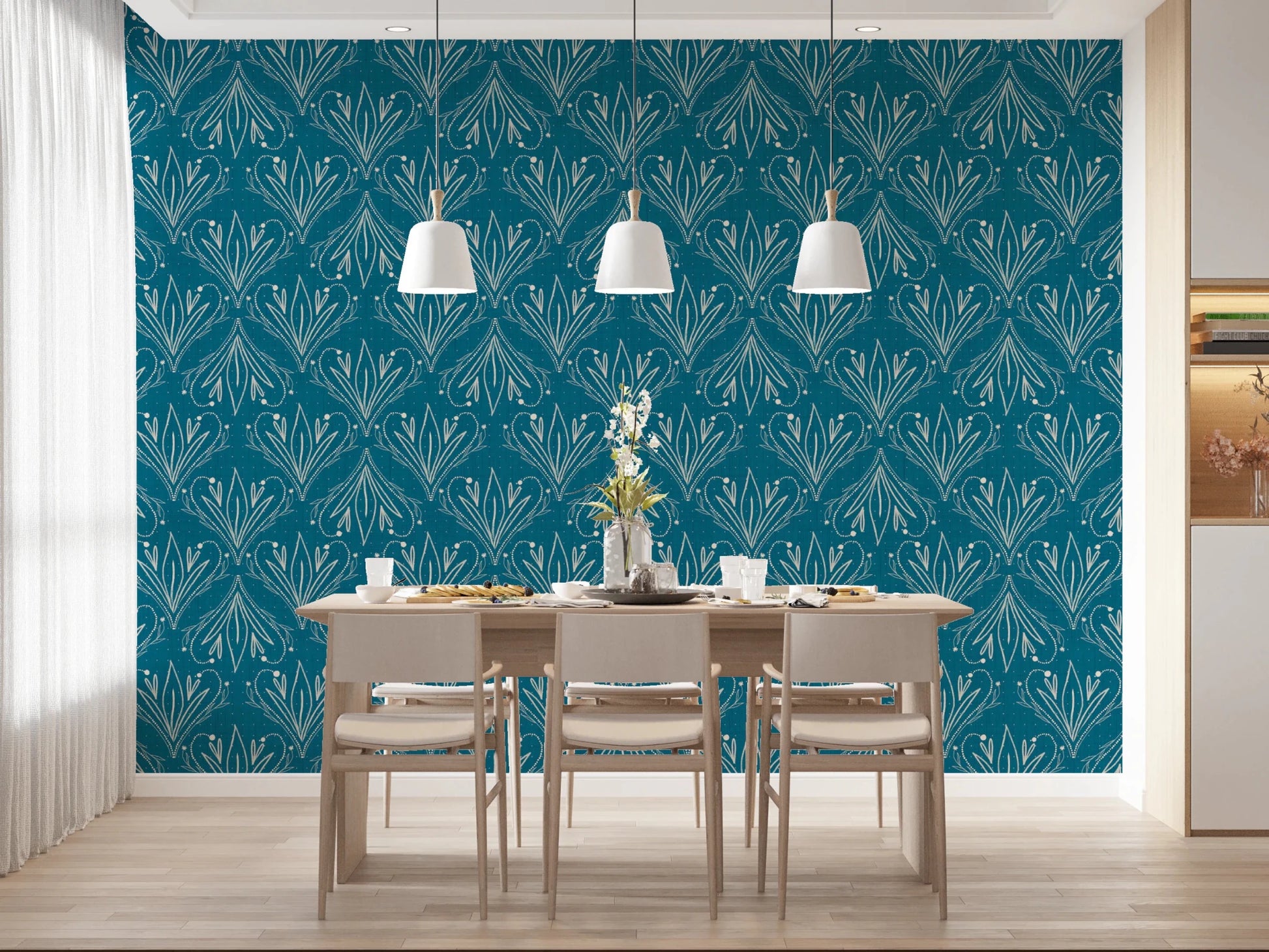 Boho Art Nouveau Folk Floral Teal Blue wallpaper behind a light wood dining table and pendant lights in a dining room