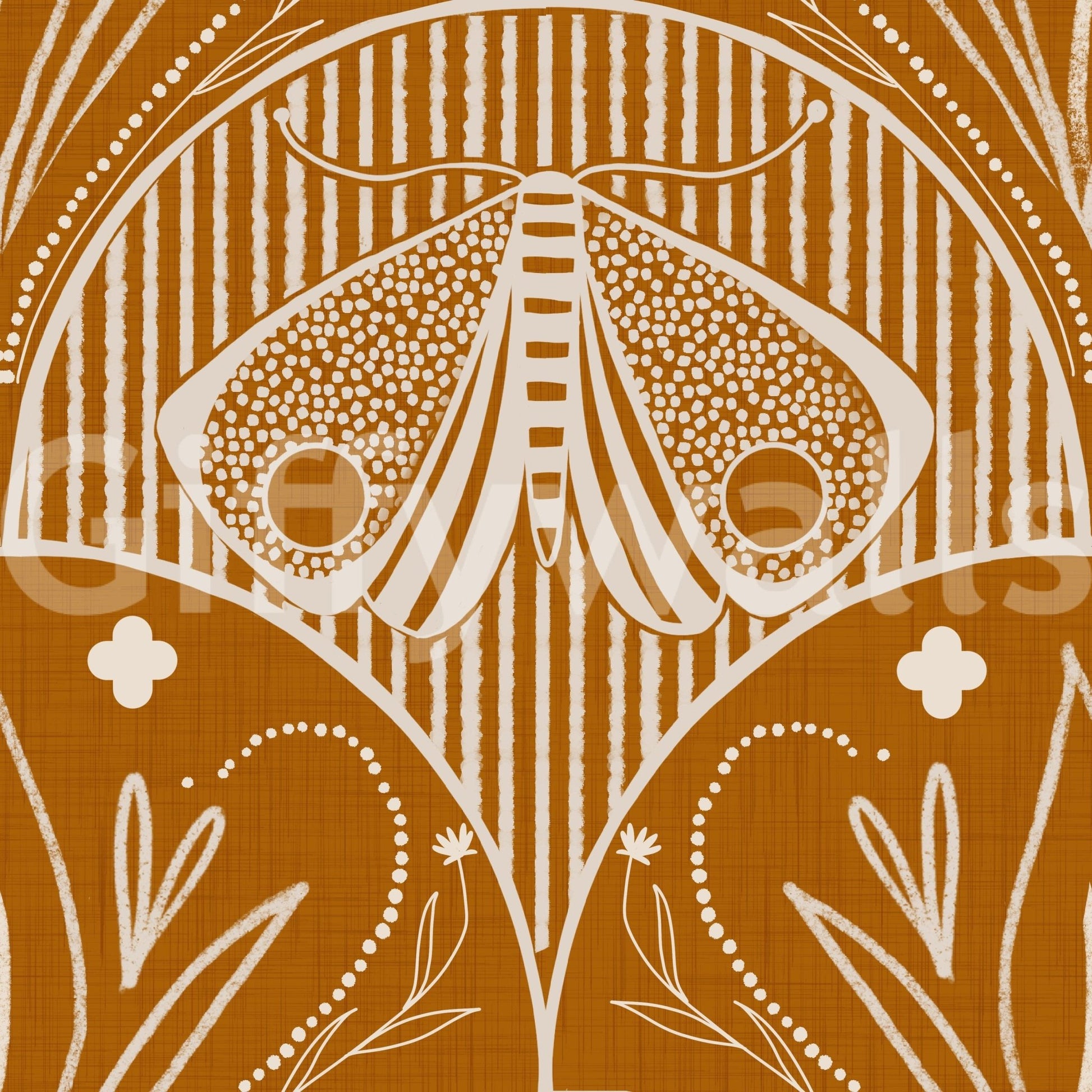 Boho Art Nouveau Scallop Butterfly Floral in Burnt Orange wallpaper close-up showing the cream moth and tulip motif