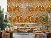 Boho Art Nouveau Scallop Butterfly Floral in Burnt Orange wallpaper mural in a boho lounge with wood stump tables