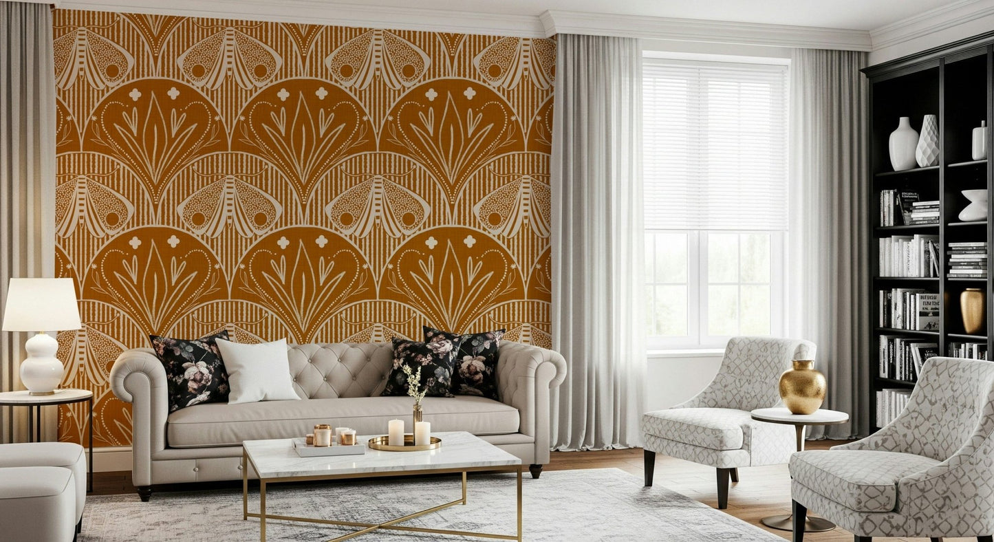 Boho Art Nouveau Scallop Butterfly Floral in Burnt Orange wallpaper mural behind a cream tufted sofa in a living room