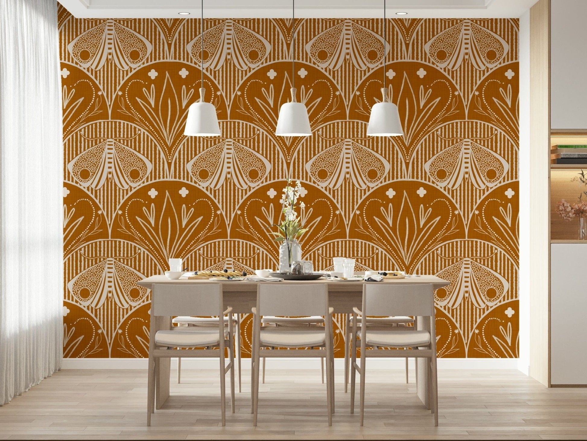 Boho Art Nouveau Scallop Butterfly Floral in Burnt Orange wallpaper mural behind a wood dining table and chairs