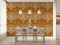 Boho Art Nouveau Scallop Butterfly Floral in Burnt Orange wallpaper mural behind a wood dining table and chairs