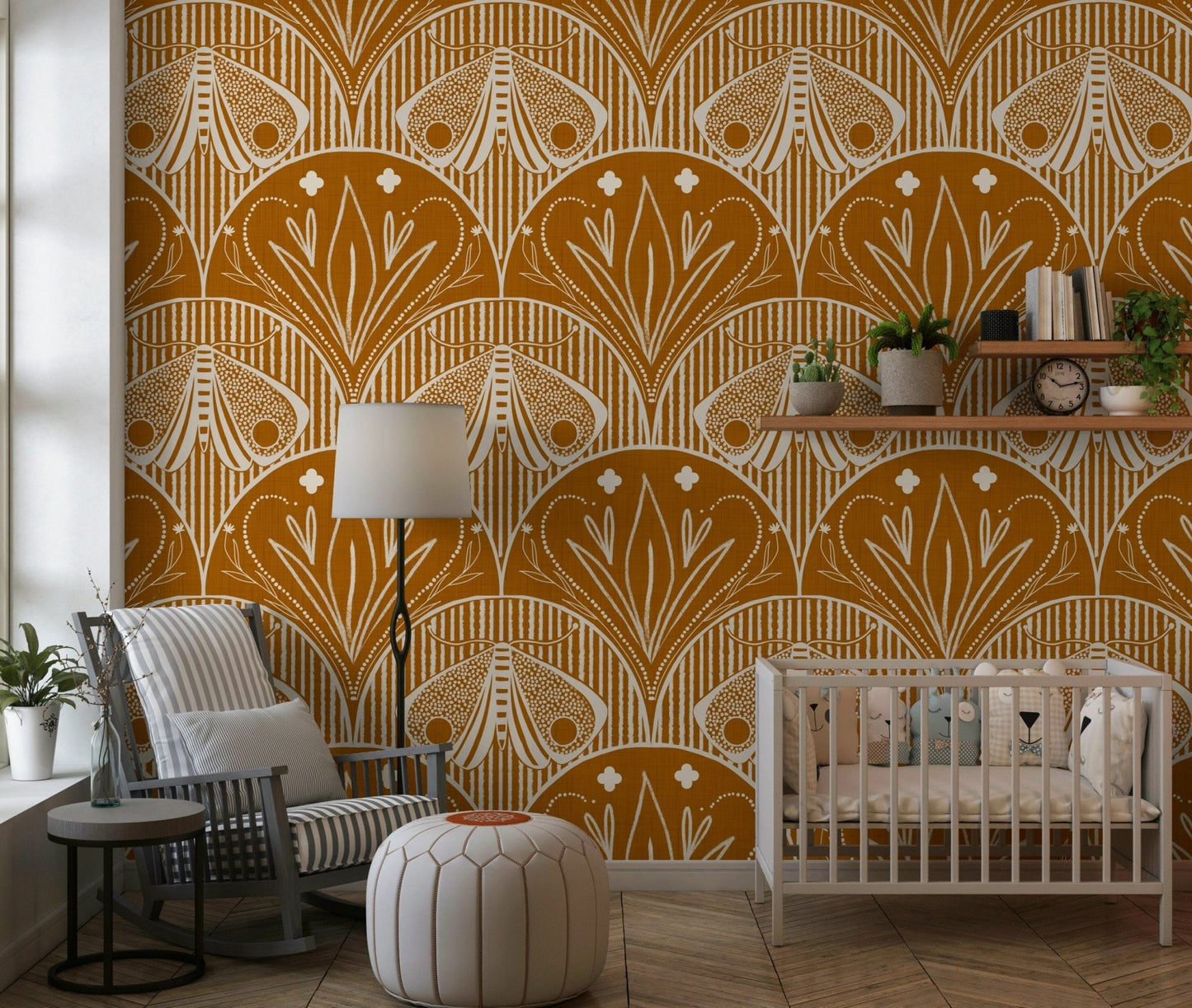 Boho Art Nouveau Scallop Butterfly Floral in Burnt Orange wallpaper mural behind a white crib in a nursery