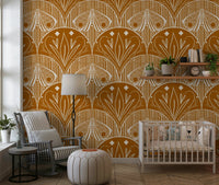 Boho Art Nouveau Scallop Butterfly Floral in Burnt Orange wallpaper mural behind a white crib in a nursery