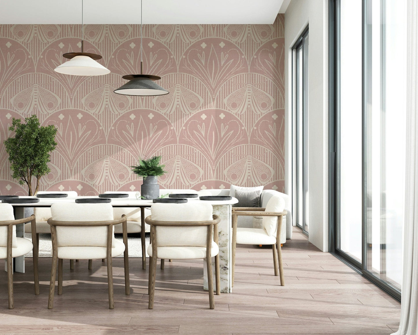 Boho Art Nouveau Scallop Butterfly Floral in Cream and Dust Pink Wallpaper⁠