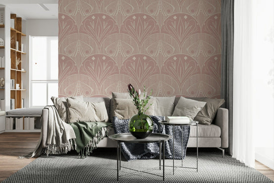 Boho Art Nouveau Scallop Butterfly Floral in Cream and Dust Pink wallpaper mural behind a beige sectional sofa