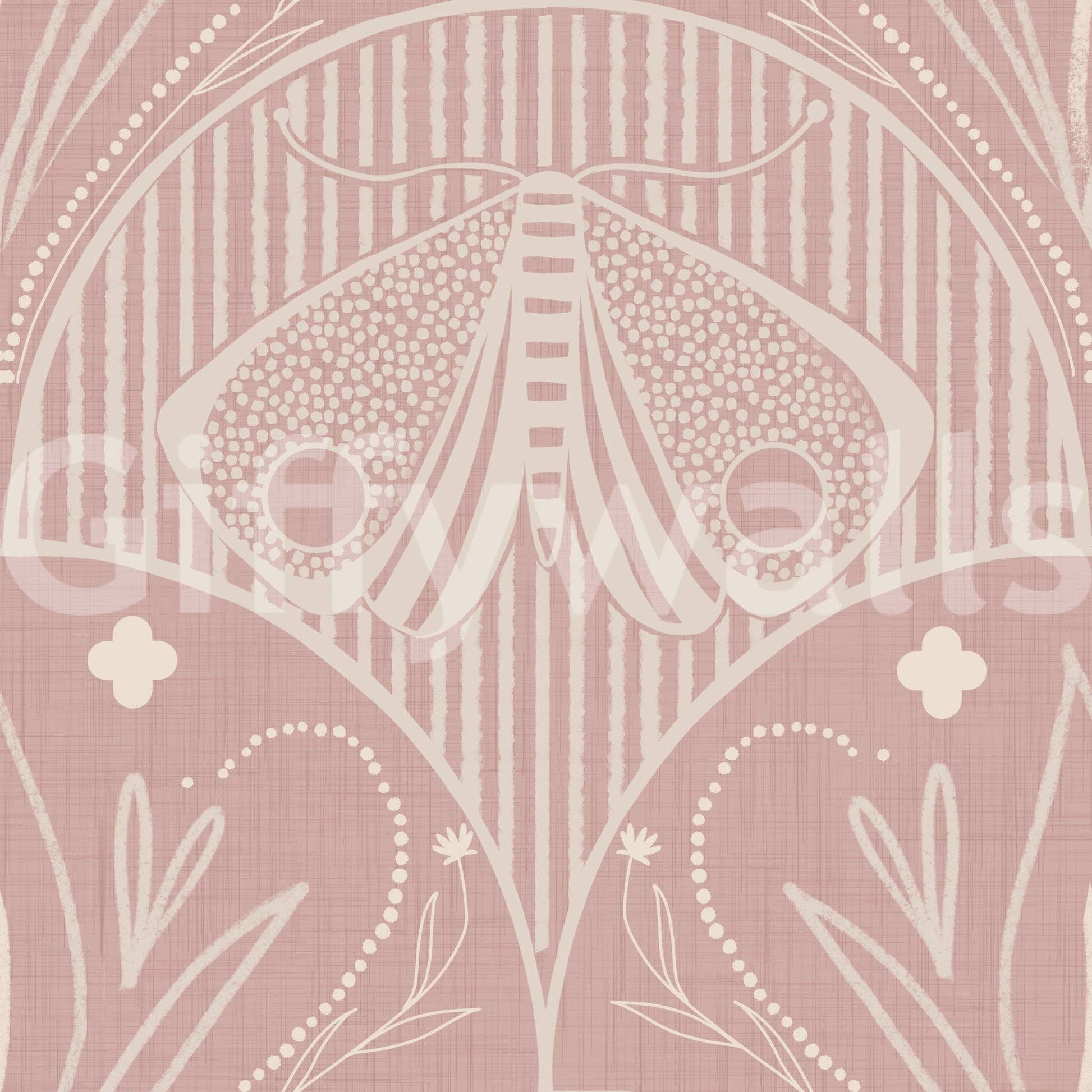Boho Art Nouveau Scallop Butterfly Floral in Cream and Dust Pink Wallpaper⁠