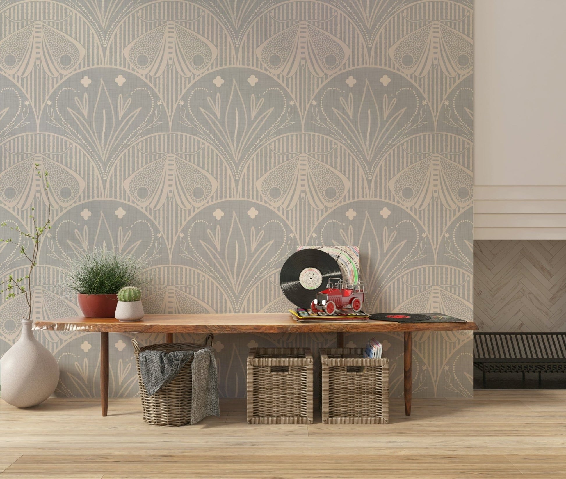 Elegant Art Nouveau Insect Mural Texture Cream Beige Style.