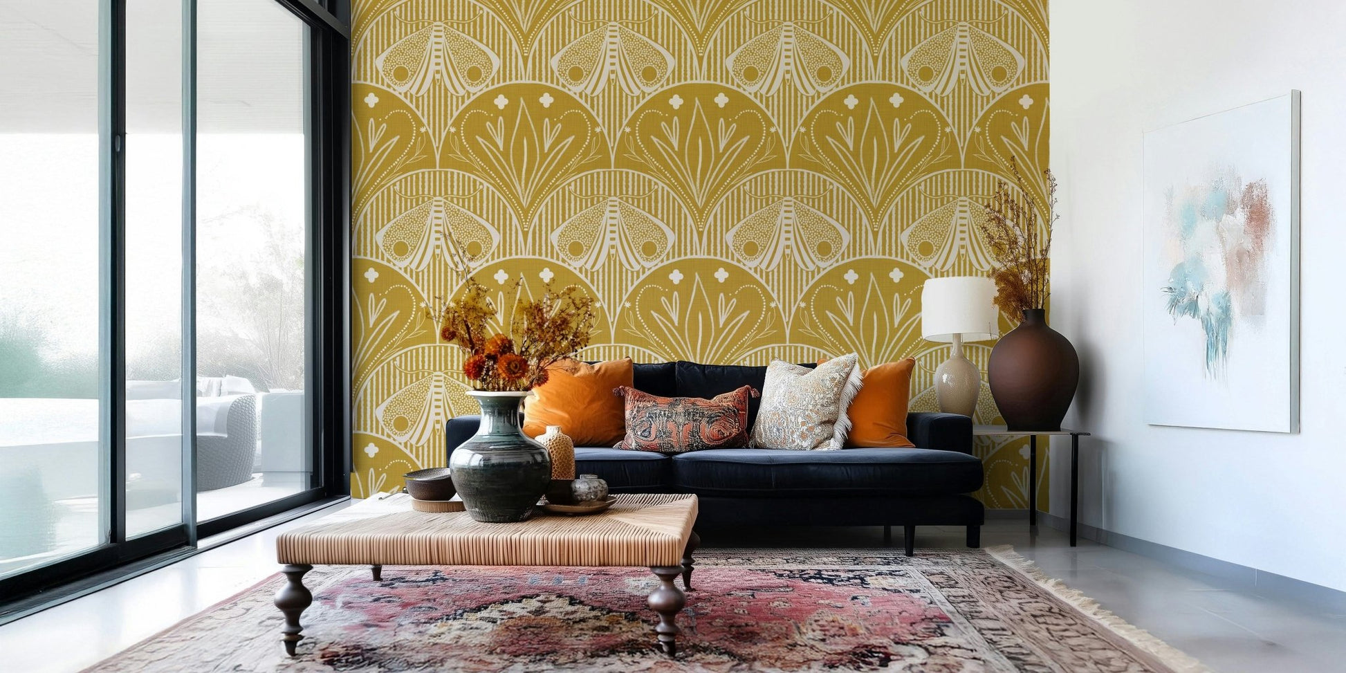 Boho Art Nouveau Scallop Butterfly Floral in Mustard Gold Wallpaper⁠