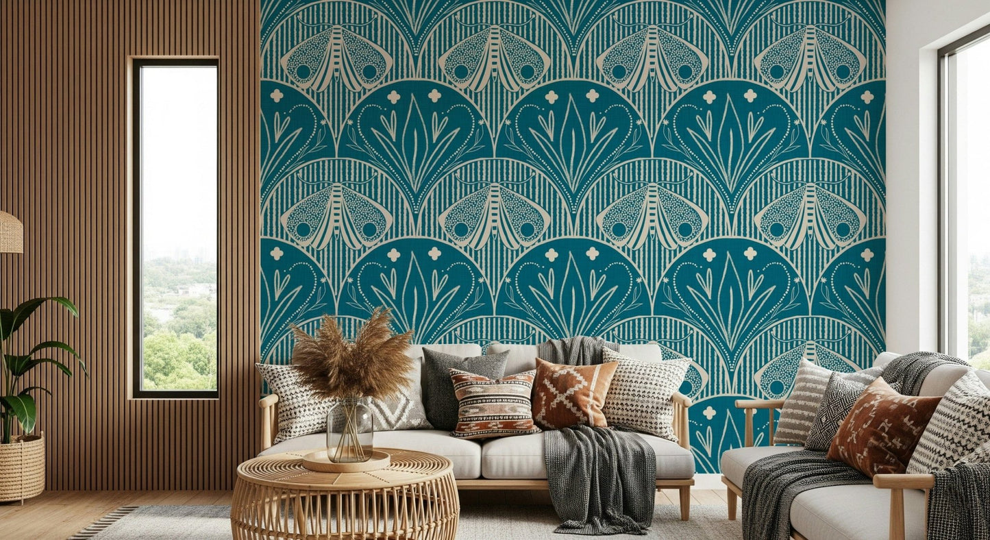 Teal Blue butterfly design unique vertical stripe pattern illustration.