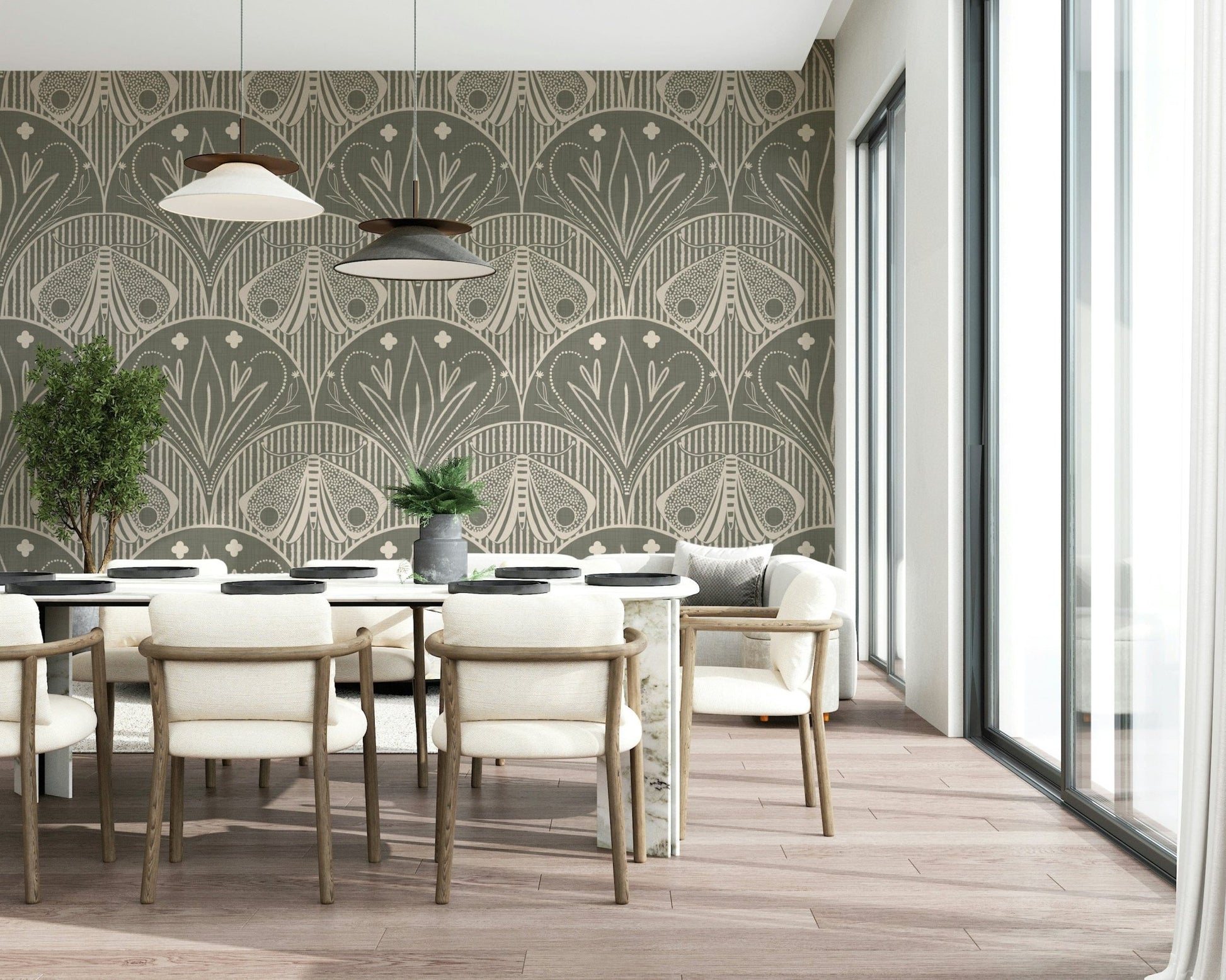 Boho Art Nouveau Scallop Butterfly Floral in Warm Taupe Grey Wallpaper⁠