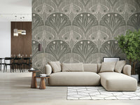 Boho Art Nouveau Scallop Butterfly Floral in Warm Taupe Grey Wallpaper⁠
