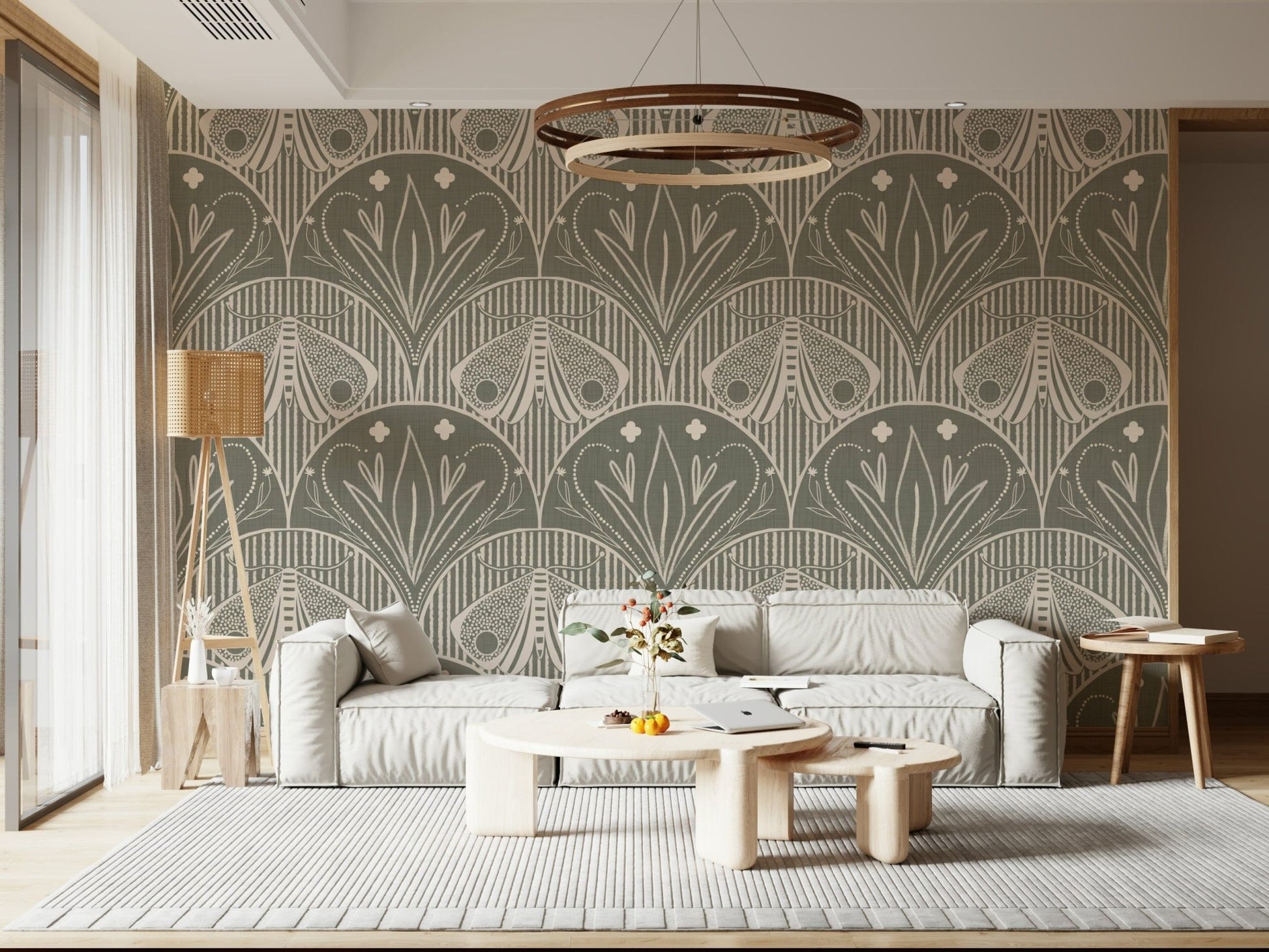 Boho Art Nouveau Scallop Butterfly Floral in Warm Taupe Grey Wallpaper⁠