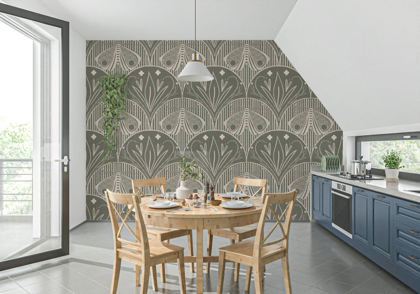 Boho Art Nouveau Scallop Butterfly Floral in Warm Taupe Grey Wallpaper⁠