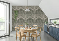 Boho Art Nouveau Scallop Butterfly Floral in Warm Taupe Grey Wallpaper⁠
