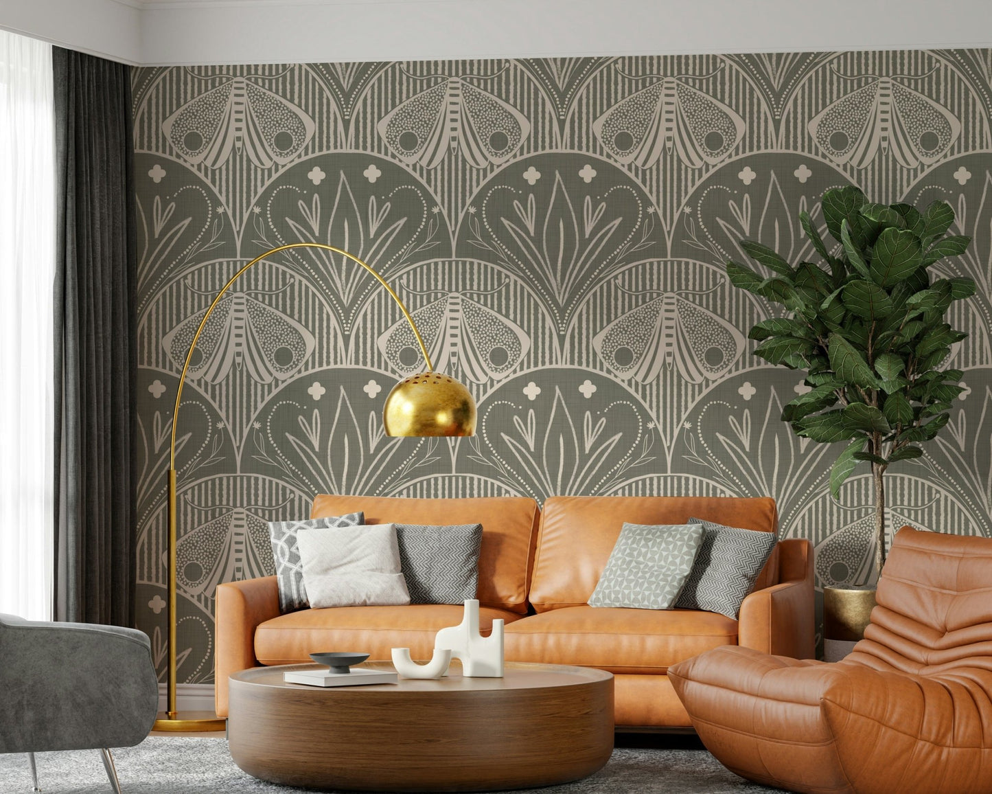 Boho Art Nouveau Scallop Butterfly Floral in Warm Taupe Grey Wallpaper⁠