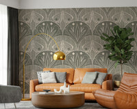 Boho Art Nouveau Scallop Butterfly Floral in Warm Taupe Grey Wallpaper⁠
